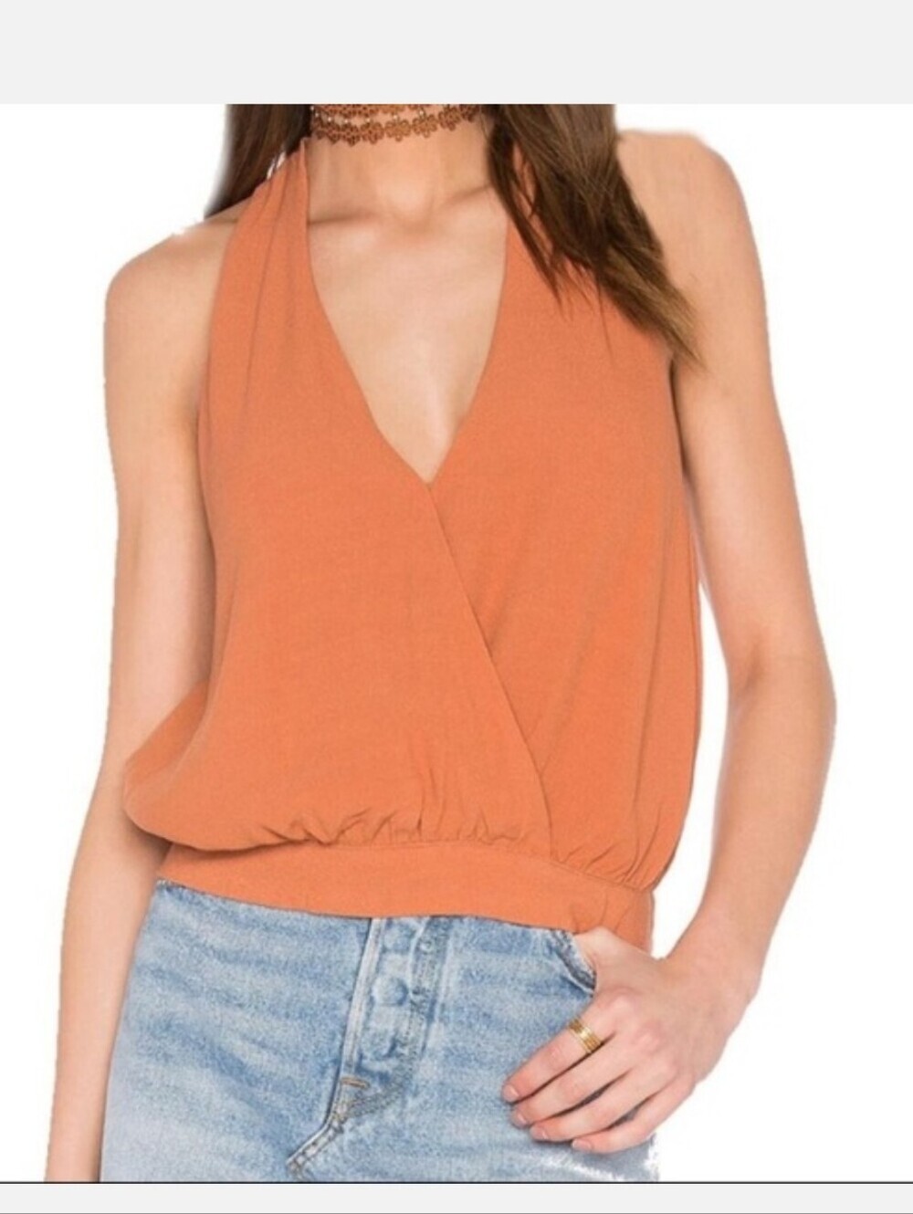 Cross My Heart Rust Orange Halter V-Neck Surplice Tank Top Crop Beachy Summer Lg